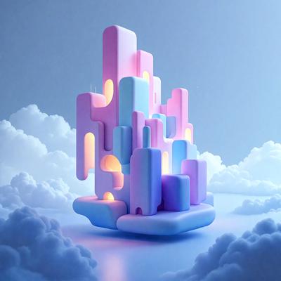 The primary subject of the image is a large, three-dimensional model of a city, which is made of blocks and has a pink and blue color scheme. The setting is a cloudy sky, which serves as the backdrop for the model. The visual style of the image is digital art, as it appears to be a computer-generated or digitally rendered representation of the city. The colors and mood of the image are vibrant and lively, with the pink and blue blocks creating a sense of energy and dynamism